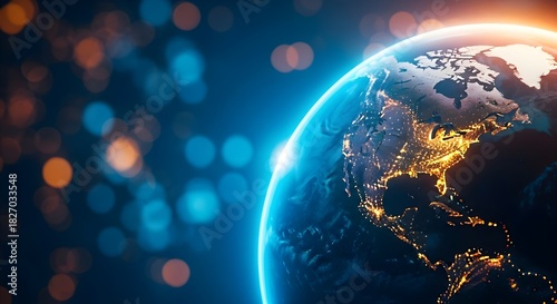 Glowing earth with digital overlay and bokeh lights background