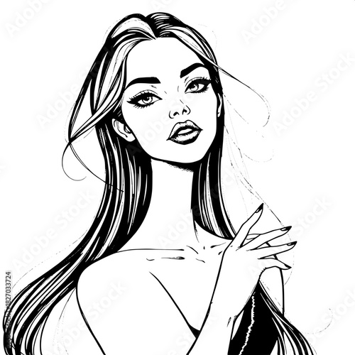 Modern, elegant black-ink illustration of a woman with exaggerated feminine features, including full lips, slender neck, and delicate hands, posed in a sophisticated stance, framed by long, flowing ha