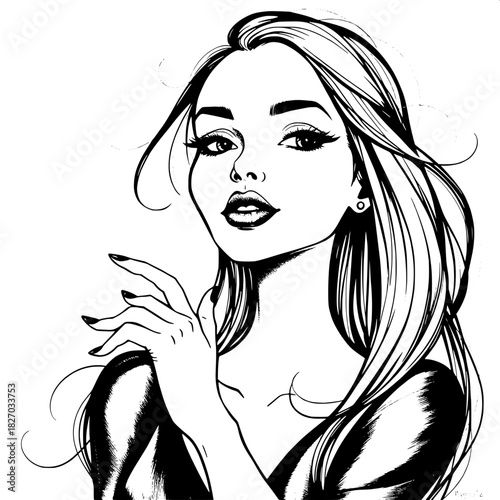 Modern, elegant black-ink illustration of a woman with exaggerated feminine features, including full lips, slender neck, and delicate hands, posed in a sophisticated stance, framed by long, flowing ha