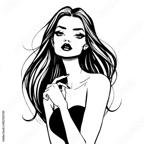 Modern, elegant black-ink illustration of a woman with exaggerated feminine features, including full lips, slender neck, and delicate hands, posed in a sophisticated stance, framed by long, flowing ha