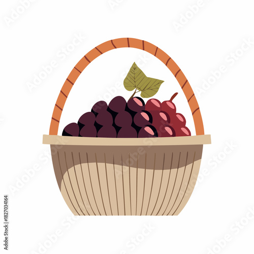 A charming illustration of a rustic wicker basket brimming with vibrant bunches of ripe red and purple grapes, isolated on a white background