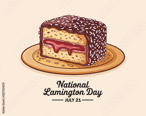 A piece of lamington cake with jelly on a plate for national lamington day july