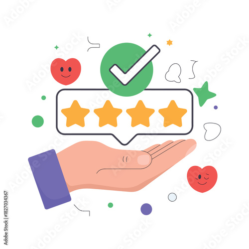 A hand holds a positive customer feedback rating with hearts and a checkmark.