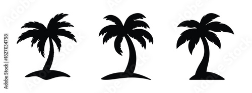 Silhouette palm tree vector illustration, tropical island vacation design element, summer holiday trees