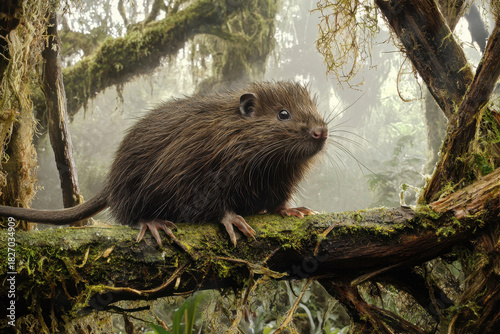 A hutia from the Capromyidae family moves cautiously through its natural Caribbean habitat, surrounded by rugged rocks, low vegetation, and warm filtered sunlight
