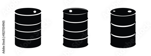 Three black oil drums or barrels vector illustration for industrial storage and transport needs