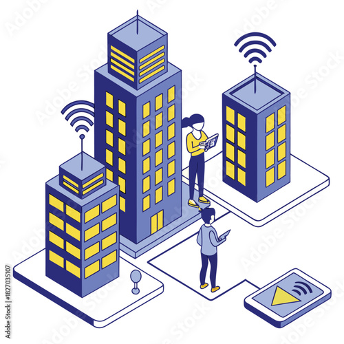 Isometric Smart City Buildings with People and Wi- Fi Signals