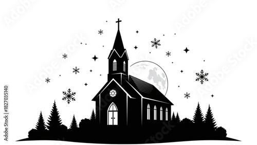 Christmas Eve Church Silhouette Vector Illustration for Clipart and Holiday Design

