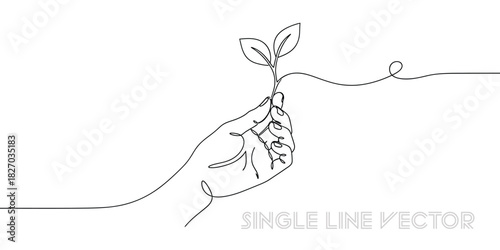 Hand holding green plant sprout single line art