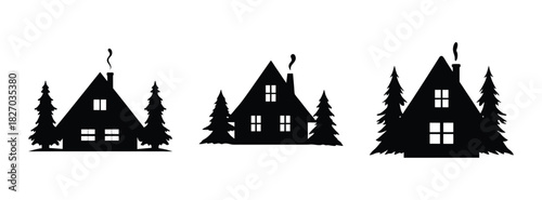 Silhouette winter village scene with houses and trees vector graphic design template idea
