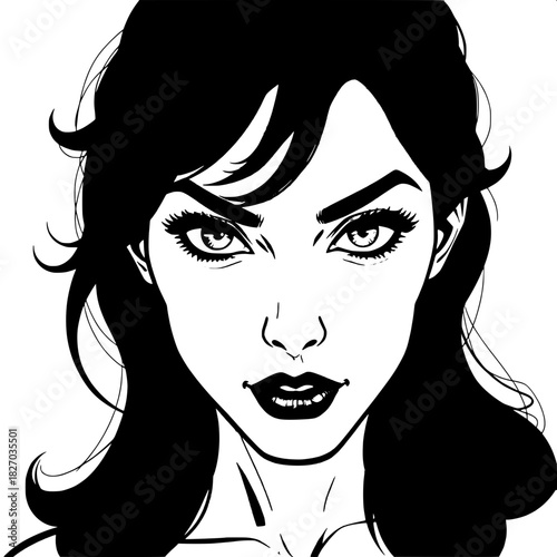 Graphic novel-style portrait of a woman with piercing green striking eyes, well-defined arched brows, and dark wavy hair that falls in loose waves down her back, using bold shadows and high contrast t
