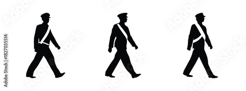 Silhouette of walking security guard officer in uniform vector illustration graphic design element