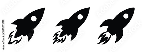 Rocket ship vector illustration, space travel, future technology, startup launch, black and white