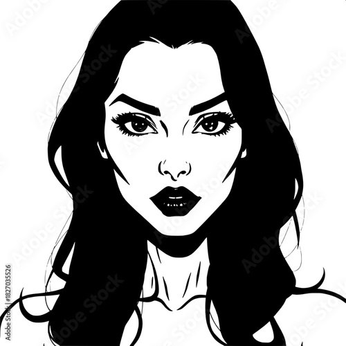 Graphic novel-style portrait of a woman with piercing green striking eyes, well-defined arched brows, and dark wavy hair that falls in loose waves down her back, using bold shadows and high contrast t