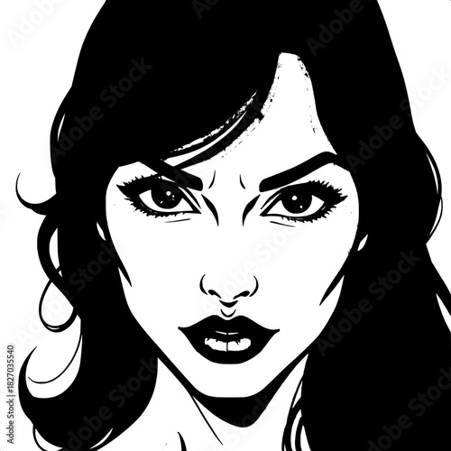Graphic novel-style portrait of a woman with piercing green striking eyes, well-defined arched brows, and dark wavy hair that falls in loose waves down her back, using bold shadows and high contrast t