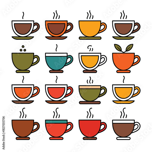 A collection of sixteen stylized cups of hot beverages with steam rising.