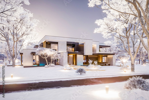 3d rendering of two-story house with parking and pool for sale or rent with concrete facade and beautiful landscaping on background. Cool winter day with shiny white snow