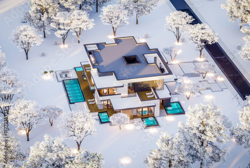 3d rendering of two-story house with parking and pool for sale or rent with concrete facade and beautiful landscaping on background. Cool winter day with shiny white snow