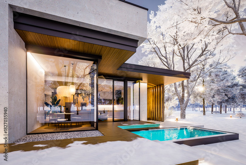 3d rendering of two-story house with parking and pool for sale or rent with concrete facade and beautiful landscaping on background. Cool winter day with shiny white snow