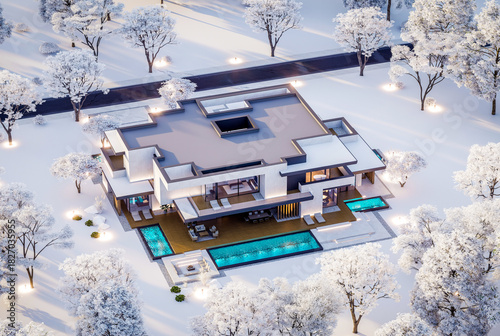 3d rendering of two-story house with parking and pool for sale or rent with concrete facade and beautiful landscaping on background. Cool winter day with shiny white snow