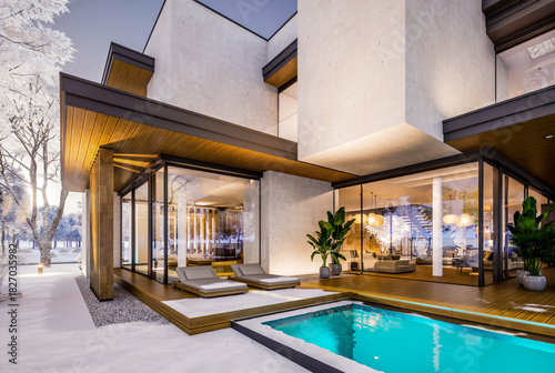 3d rendering of two-story house with parking and pool for sale or rent with concrete facade and beautiful landscaping on background. Cool winter day with shiny white snow