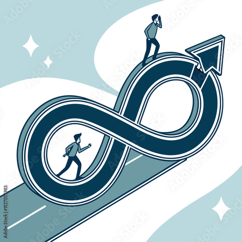 Man climbing infinity loop road towards upward arrow