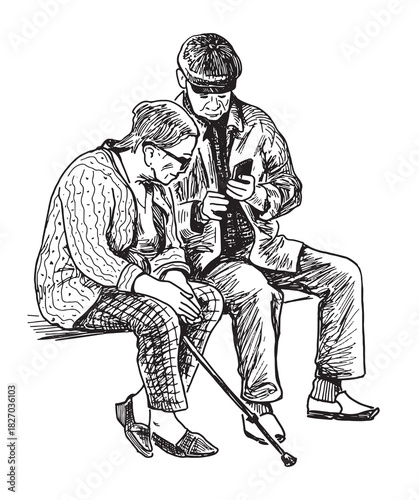Couple old spouses sitting on park bench and looking at smartphone, realistic sketch, hand drawing, vector illustration