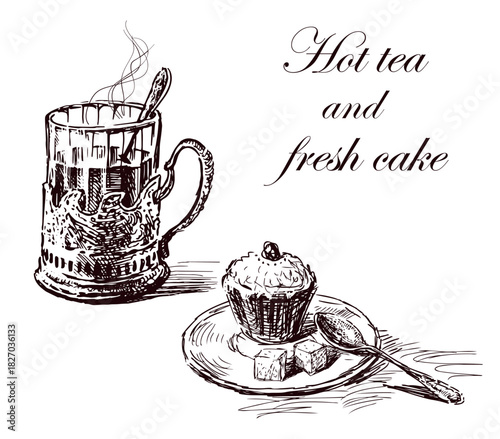 Glass with hot tea and teaspoon in vintage metal cup holder, fresh cupcake on saucer, hand drawn vector illustration