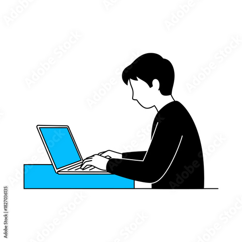Modern worker silhouette using laptop for project tasks and online communication, showcasing productivity and technology, great for business designs