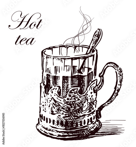 Glass with hot tea and teaspoon in vintage metal cup holder, hand drawn vector illustration