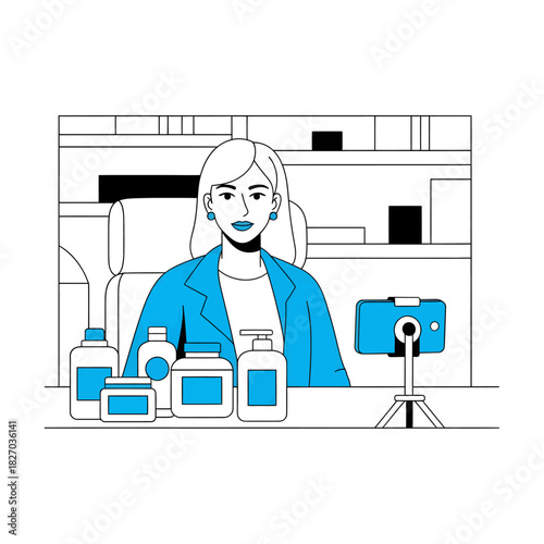 Charming beauty influencer shares skincare routine in a captivating live stream, educating her audience and promoting products for radiant skin