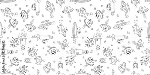 Seamless pattern of outlines cartoon astronauts and fantastic aliens met in space