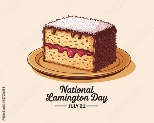 A piece of lamington cake with jelly on a plate for national lamington day july