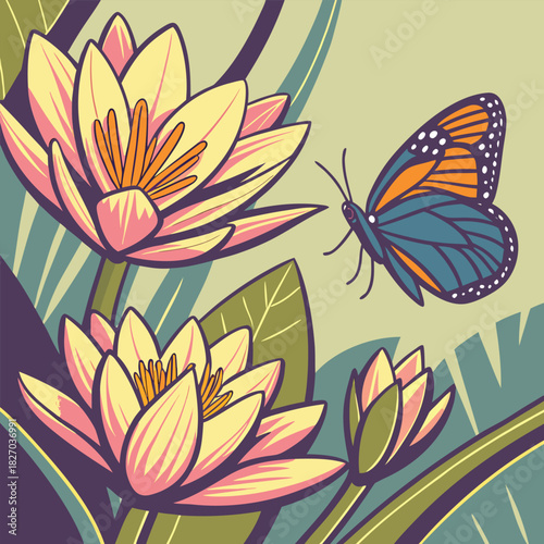 Monarch Butterfly And Water Lilies water lily flower