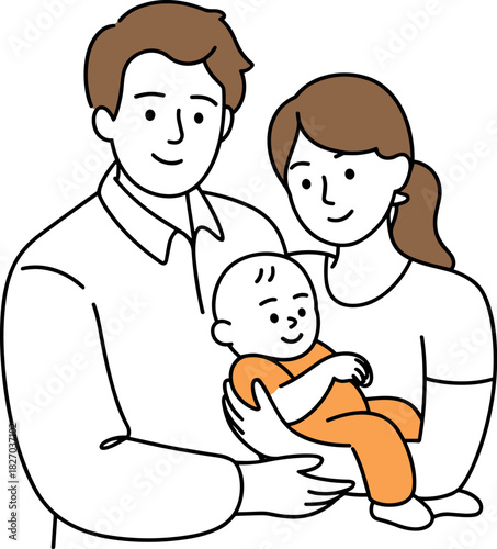 Happy family portrait smiling father, mother, and baby in arms, simple line drawing illustration, celebrating new life and parenthood.