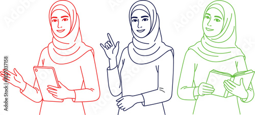 Diverse women in hijab demonstrate different activities, holding tablet, pointing, reading book, vector art, isolated on white, celebrating diversity