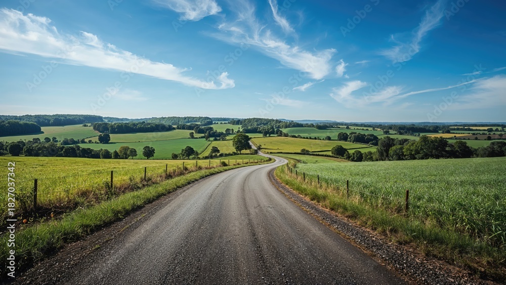 Naklejka premium Scenic rural landscape with a winding gravel road through green fields and blue skies, showcasing countryside and nature.