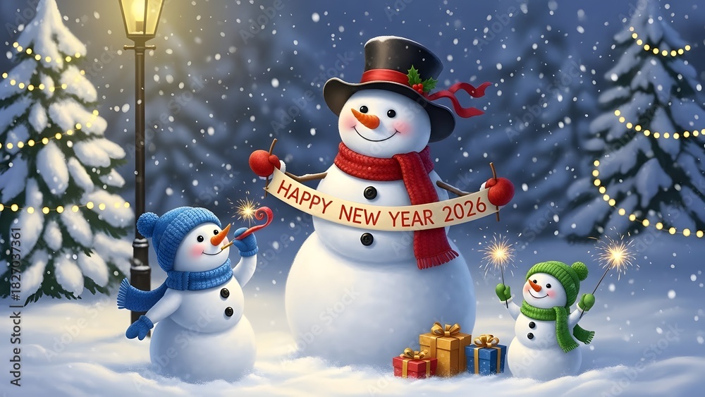 Fototapeta premium Happy new year snowmen with gifts in winter wonderland