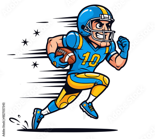 High-energy football sprint illustration featuring cartoon athlete and motion lines.