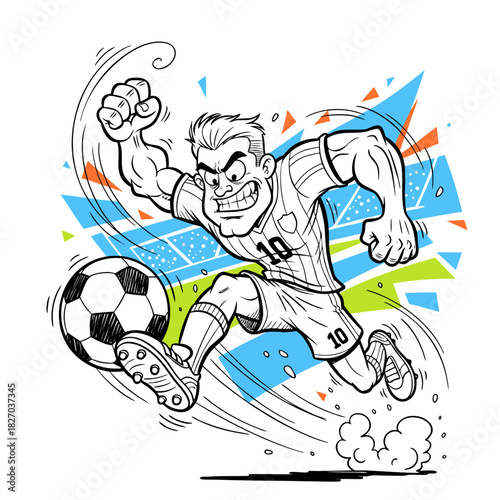 Cartoon soccer champion hitting ball with force in dramatic goal moment.