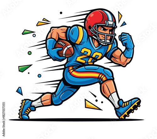 Cartoon football player in helmet and uniform, fast action movement, energetic sports artwork.