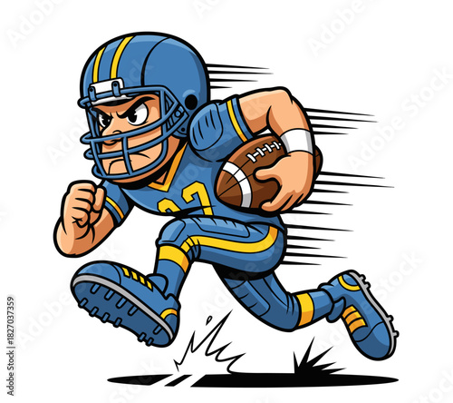 Cartoon American football player running with the ball, dynamic action pose, sports mascot style illustration.
