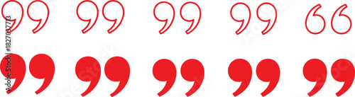 Collection of red quotation marks, quotation mark, quote, punctuation,  both outlined and solid, isolated on a clean white background, symbolizing communication.