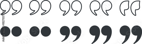 Collection of various quotation mark symbols  quotation mark, quote, speech, dialogue, text, and ellipsis dots, representing speech, direct quotes, and omission in text communication.