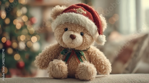 Teddy Bear Christmas Charm: A cuddly teddy bear adorned in a festive Santa hat, sits amid the soft glow of a Christmas tree, radiating warmth and holiday cheer.