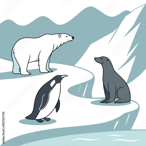 Penguin Polar Bear and Seal on Icebergs arctic antarctic