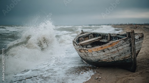 Fototapeta Naklejka Na Ścianę i Meble -  Stunning photo of old boat on the beach with sea waves crashing on the shore.