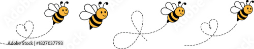 Cute bee, flying,  cartoon bees with dashed heart trails flying in a row, representing happiness, love, and nature's gentle dance. perfect for spring.