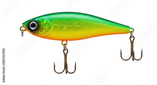 Schilderij op canvas Green and yellow fishing lure isolated PNG, crankbait with treble hooks for catc
