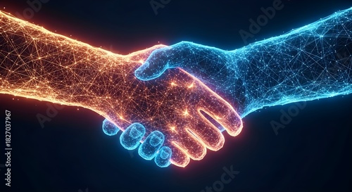 Digital handshake futuristic agreement and collaboration concept with glowing particles